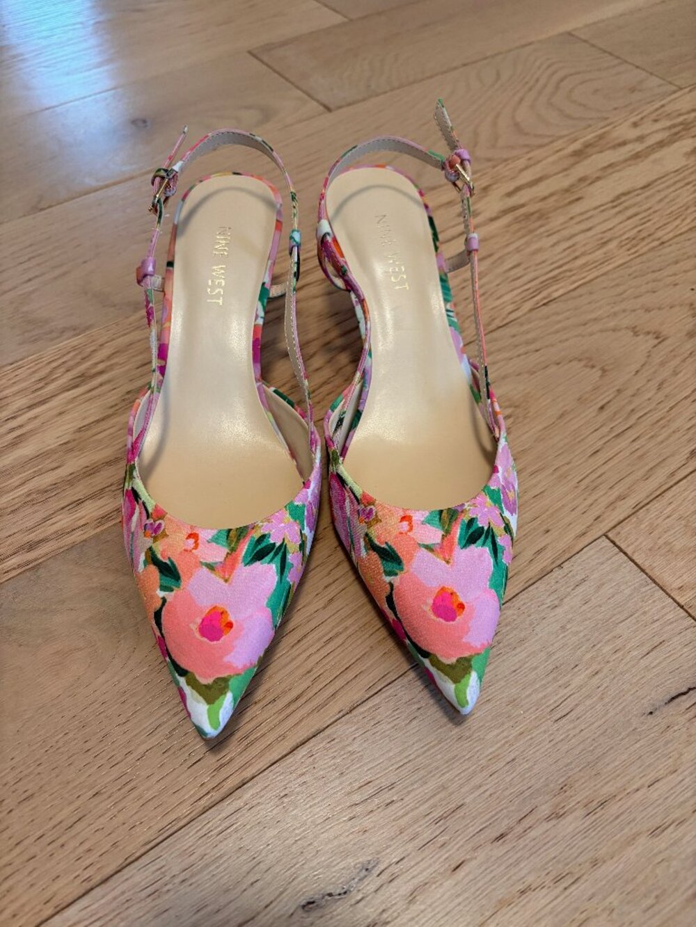Nine West Rowen Kitten Heels Size 8 Pink Floral Slingback Pointed Toe Wedding - Picture 2 of 5